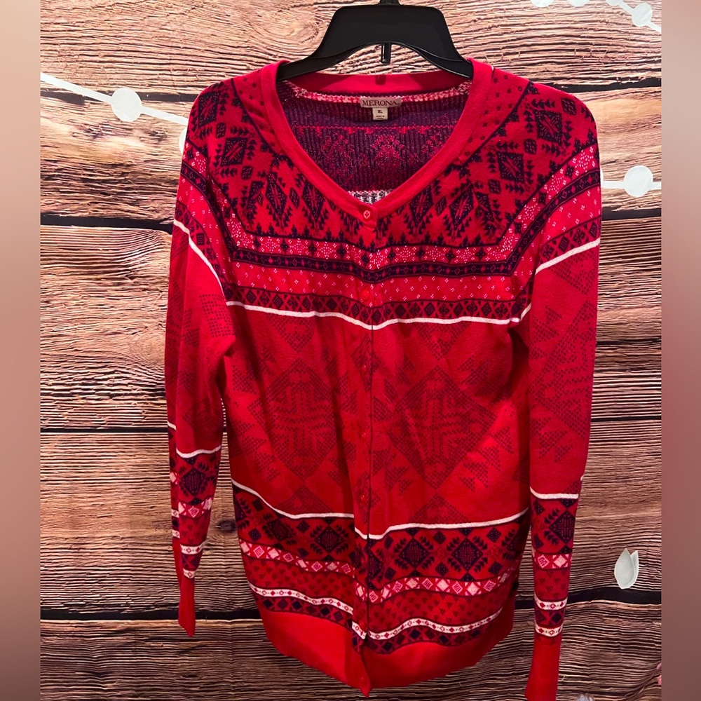 MERONA RED AZTEK TRIBAL PRINT CARDIGAN SWEATER